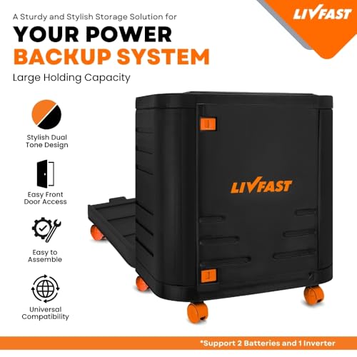 Image of Livfast Convertible Inverter Battery Trolley for Single Battery with Protective Cover | Ideal for Home Inverter & Battery with 150 kg Load Capacity, Support Upto 2 Batteries - Black Orange