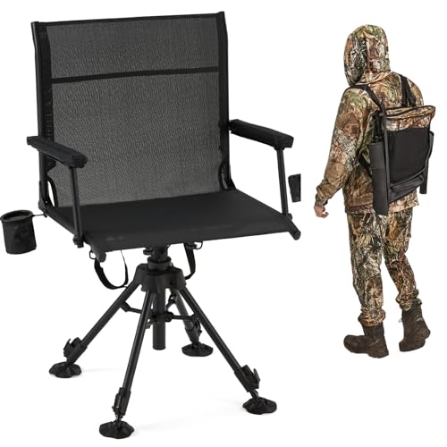 JFHID 360° Silent Swivel Hunting Blind Chair, Adjustable Height, Folding Ground Seat, Mesh Backrest, Padded Armrests, Tripod Legs with All-Terrain Duck Feet, Shoulder Strap, Deer Dove Turkey