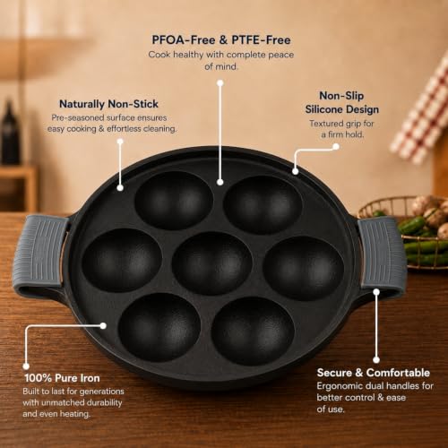 Image of Aditi Naturally Oil-Seasoned Appam Pan 7 Pit for Unniyappam /Paddu /Paniyarkal /Paniyaram(7 inch /18 cm), Heat-Resistant Silicone Handles