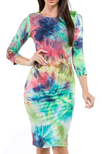 Image of ICONOFLASH Women's 3 /4 Sleeves Midi Bodycon Dress Crew Neck Fitted Dresses with Plus Size Options