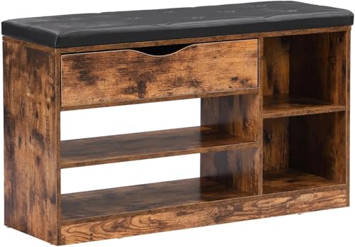 Shoe Bench, Entryway Storage Bench with Drawer, Cushion & Adjusta...