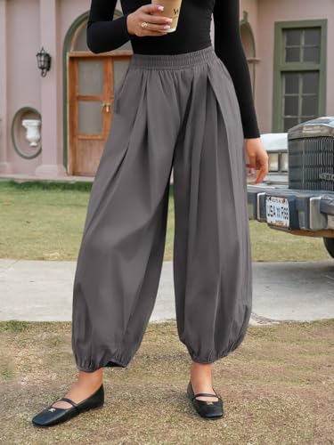 Image of Fisoew Womens Wide Leg Balloon Pants Casual Barrel Elastic Waist Pleated Baggy Workout Sweat Pants with Pockets