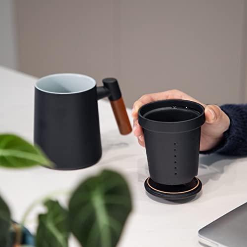 Heer Ceramic Tea Cup With Infuser And Lid For Steeping Loose Leaf Tea, Infusion Tea Mug With Extended Wooden Handle, Frosted Glazed Coffee Teacup For Home Office. 400Ml/13.5Oz. (Black) #TOP6