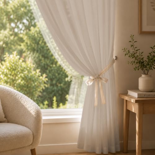 Image of LINENWALAS Aesthetic Sheer Curtains 9 Feet Long Set of 2, Poly Linen Shrink & Fade Proof Drapes for Long Door, Semi Transparent Modern Panels with Rod Pocket Hanging for Living Room (Brown /9 Feet)