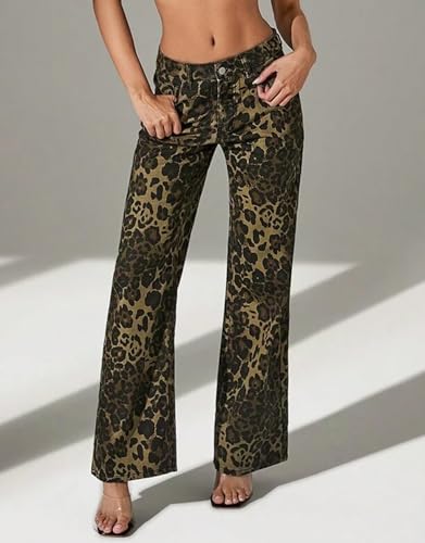 Kedera Women's Leopard Printed Wide Leg Jeans Baggy Straight Jeans Casual Boyfriend Mid Rise Ankle Denim Pants4