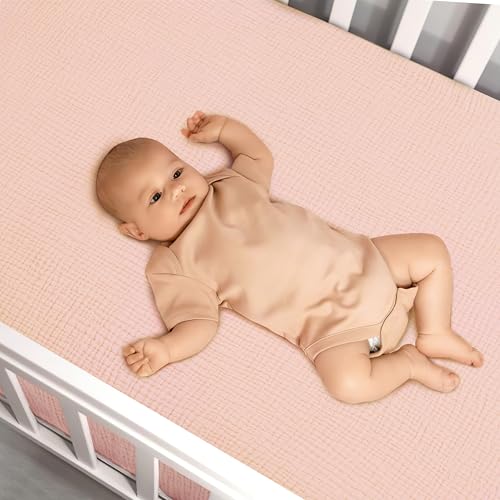 Image of Pro Goleem 2 Pack Muslin Crib Sheets for Girls, Soft Breathable Fitted Cotton Baby Bed Sheets Set for Standard Crib Mattress & Toddler Mattress 52 inchx28 inch, (Pink&Purple)