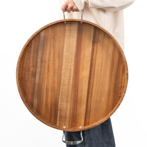 Ottoman Tray with Handles, 20 Inch Round Ottoman Tray Large Trays for Ottomans Wooden Serving Tray Decorative Trays for Living Room, Party, Breakfast, Drinks, Snacks, Appetizers