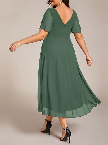Image of Ever-Pretty Plus Summer Short Sleeves V-Neck Formal Wedding Guest Dresses for Curvy Women Chiffon Midi Cocktail Party Dress
