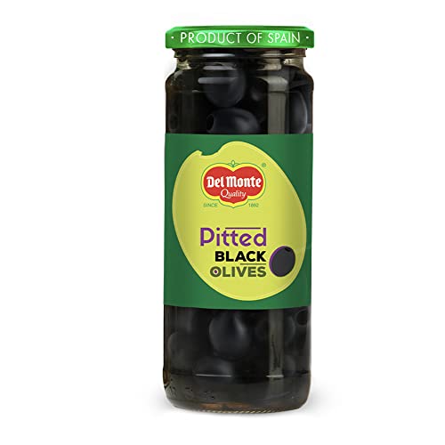 Image of Del Monte Black Pitted Olives 450g l Imported from Spain | 100% Natural | Suitable for Pizza, Pasta Topping, Garnishing Salad, Wraps | Source of Fibre, Gluten Free, No Added Preservative