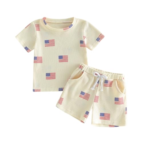 BHGHB Toddler Baby Boy 4th of July Outfits Flag Waffle Short Sleeve T-Shirts Elastic Waist Shorts Sets Summer Clothes (Cute Apricot 18-24 Months)