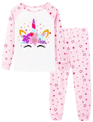 Mikrdoo Girls Pajamas Kids Color-Blocking Raglan Long Sleeve Pink Star Unicorn Pajamas Cotton Pjs Set Sleepwear Size 5
