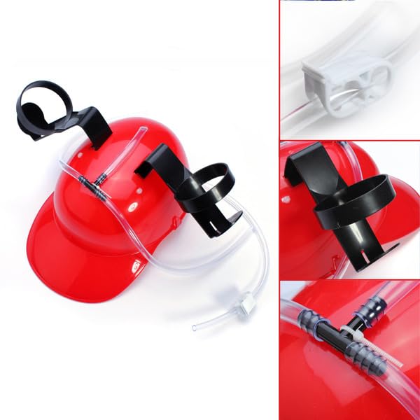 SZHXVIVISY Creative soda beer drinking helmet lazy drink drinking hat for sports events beer cap with hose and can holder hands free party drink dispenser (Red) - Image 2