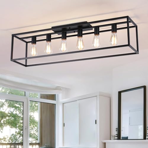 Garwarm 6-Light Rectangle Flush Mount Ceiling Fixture,38" Metal Caged Black