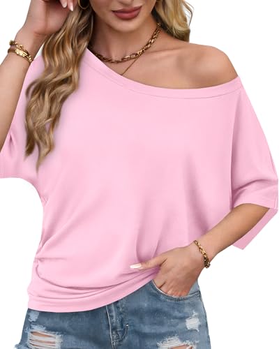 Image of Hilinker Womens Sexy Off The Shoulder Tops Short Batwing Sleeve T Shirt Oversized Casual Tee