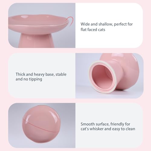 Image of Extra Wide 6.1 inch Raised Cat Food Bowl, Shallow Ceramic Elevated Cat Feeder Bowl, Anti Vomiting, Stress Free, Whisker Fatigue, Pet Food or Water Bowl, Pink