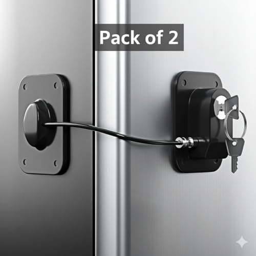 Image of Dangfly Child Safety Device Refrigerator Door Lock with 1 Key and Adhesives, Cabinet Restrictor Cable for Baby and Toddler, Lock for Cupboards, Drawers, Fridge, Wardrobe (Medium, 2, Piece)