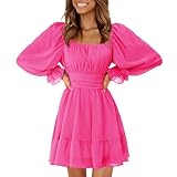 EXLURA Women's 2024 Casual Long Lantern Sleeve Dresses Square Neck Ruffle Tie Back Elastic Waist Aline Short Mini Dress Hot Pink