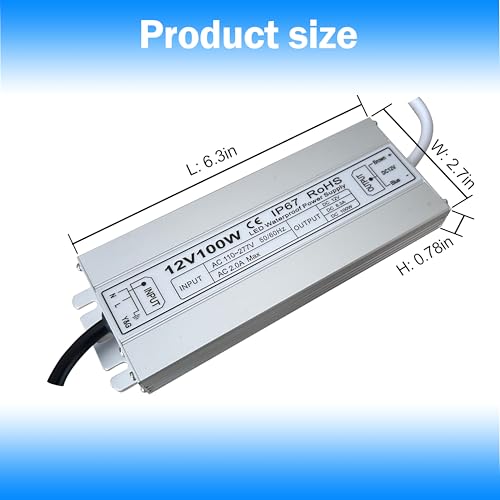 Image of Led Driver 12V Led Transformer 100W IP67 Waterproof Power Supply Ultra Thin 0.78in 100-277V AC to 12Vdc Low Voltage Transformers with 3-Prong Plug 3.3 Feet Cable Indoor Outdoor LED Light
