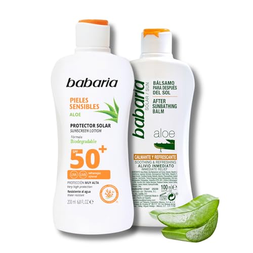 Babaria - Pack Crema Solar 50 para Pieles Sensibles + After Sun Aloe Vera | Protector Solar 50 | Sunscreen SPF 50 | Crema Solar Corporal 50 | Bloqueador Sola