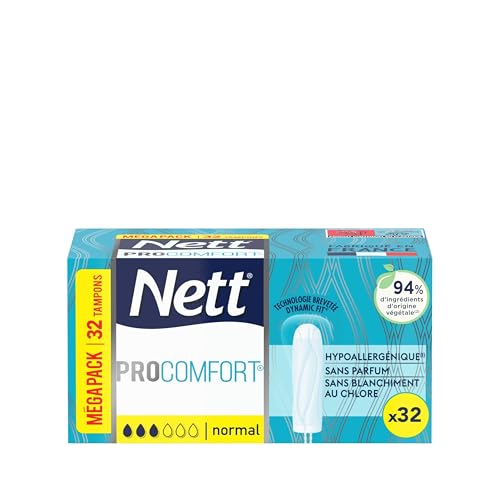 Nett – Tampon ProComfort Normal Sans Applicateur (boîte de de 32 pièces) – Tampons hypoallergéniques, sans parfum et sans blanchiment au chlore –...