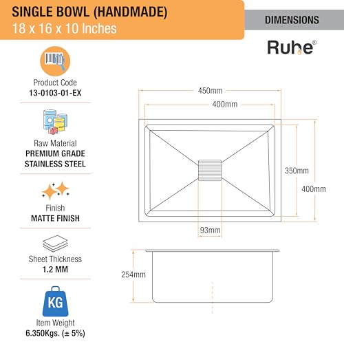 Image of Ruhe Handmade Exclusive Single Bowl 18x16 x10 inches Kitchen Sink | Premium Stainless Steel Single Bowl Kitchen Sink | with Brushed Matte Finish Including Strainer-Basket /Sink Coupling /Waste Pipe
