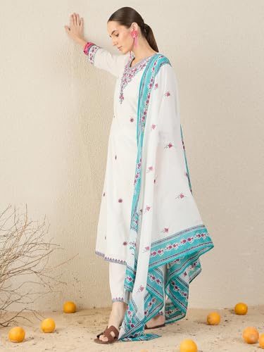 Image of INDO ERA Women's Pure Cotton Embroidered Calf Length Straight Kurta and Pant with Dupatta Set (KH0WH6159)