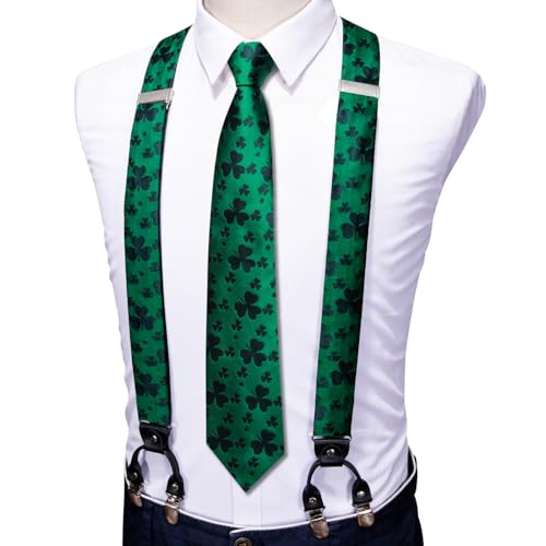 Image of Barry.Wang Men Suspender Set with Necktie Elastic Y Type Heavy Duty 6 Clips Braces Tie Handkerchief Cufflink Pin 6PCS