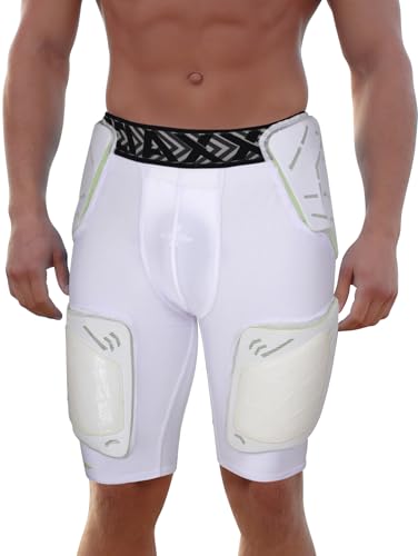 Exxact Sports Gladiator 5-Pad Adult Football Girdle for Men with Cup Pocket, Padded Compression Shorts with Integrated Hip, Thigh, Tailbone Pads, Men's Girdle Football (White, AS)