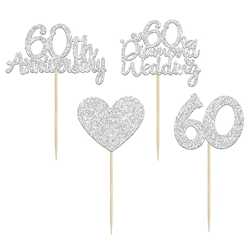 Gyufise 24Pcs Silver Glitter Diamond Wedding Anniversary Heart Cupcake Toppers for 60th Celebration Party Supplies and Cake Decoration - Image 3