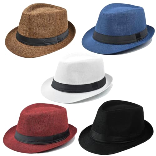Image of 5 Pack Bulk Cuban Fedora Sun Hats Men with Adjustable Strap, Short Brim 1920s Unisex Party Costume Hats Women.