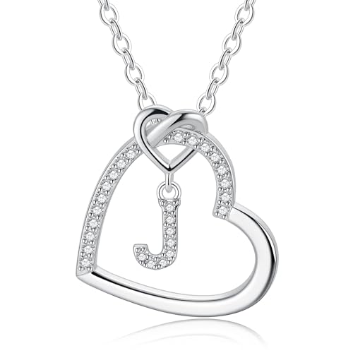 TINGN Geschenke für Mädchen - Halskette Damen Silber Herz Kette Geschenk Kette mit Buchstaben J Geschenk für Frauen Personalisierte Geschenke für Mädchen 6 7 8 9 10 Jahre Herz Silber Halskette Kinder