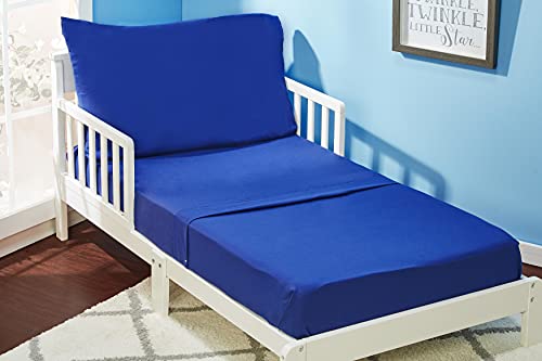 Image of EVERYDAY KIDS 4 Piece Toddler Bedding Set - Includes Comforter, Flat Sheet, Fitted Sheet and Reversible Pillowcase - Solid Navy