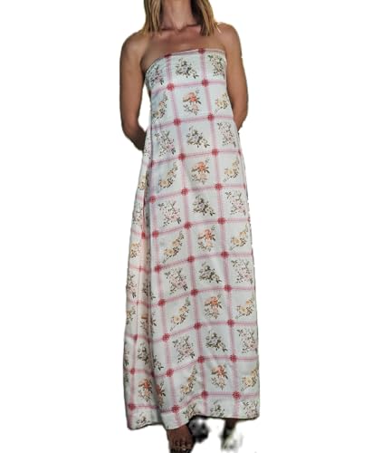 Image of Women Floral Print Maxi Tube Dress Strapless Flowy Long Bandeau Dress Y2K Open Back Sundress Summer Beachwear
