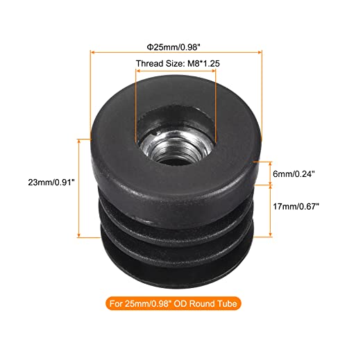 Image of uxcell 12Pcs Inserts for Round Tubes with M8 Thread, for 25mm /0.98 inch OD Round Tube, Round Black Plastic Plug Caster Insert Chair End Caps Furniture Leg Plug