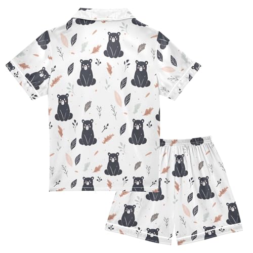 ALAZA Bear Leaf Animal White Satin Pajamas Set Short Sleeve Button Down Sleepwear Summer Pjs 2 Piece2