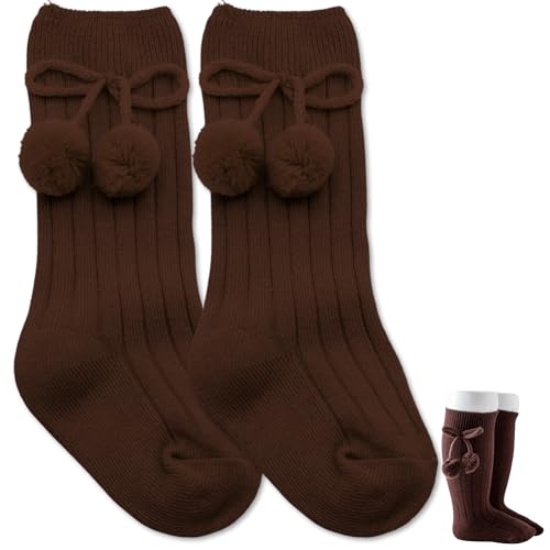 Calcetines Largos de Algodón Con Pompones, Medias Largas de Algodón para Bebés, Calcetines de Rodilla para niños, Calcetas de Bebé (FR/ES, Edad, 3 meses, 12 meses, Marron)