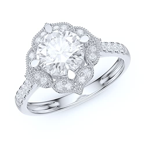 14k White Gold Vintage Milgrain Romantic Petals Halo 1.0 CT Simulated Diamond or Genuine Moissanite Engagement Ring