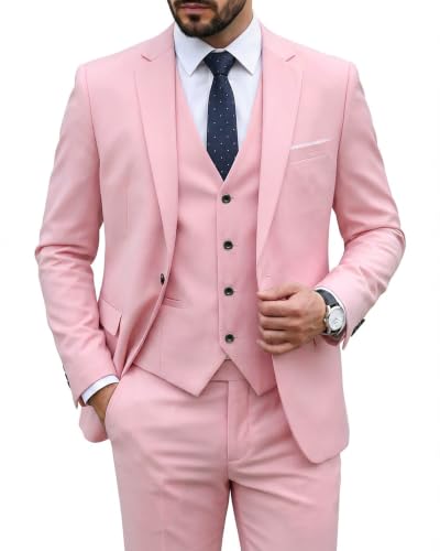 Hihawk Men's 3 Piece Suit with Stretch Fabric, Solid Slim Fit One Button Suit Blazer Set, Jacket Vest Pants with Tie. Light Pink Medium