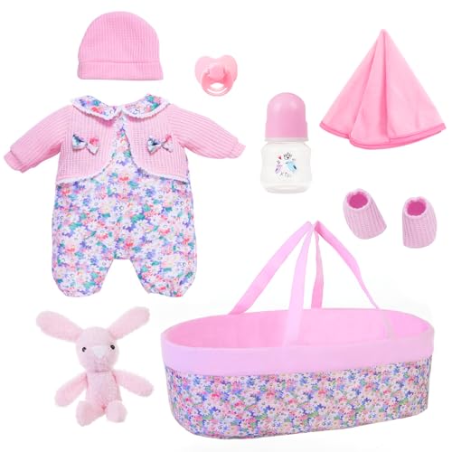 K.T. Fancy 8 Pcs Baby Doll Accessories, Reborn Baby Dolls Clotheswith Pink Floral Design Bassinet for 17-22 Inch Babydolls, Outfit fit Newborn Babies Dolls Girl, Babies Pretend Play Set (Not