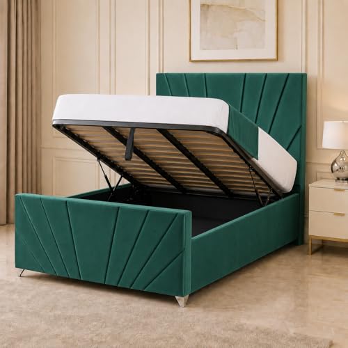 Image of Living Comfort Bedz - Sunrise Bed - Plush Velvet Headboard & Footboard - Gas Lift & Solid Black Board Base Option - Comfortable & Luxury Bed (Emerald Green, 4ft Small Double Gas Lift)
