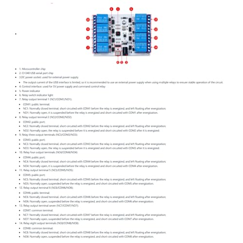 Placa de relé USB de 8 Canais, Controle 8 Canais de Relés de 5V Com Interface Tipo C, Chip Protetor