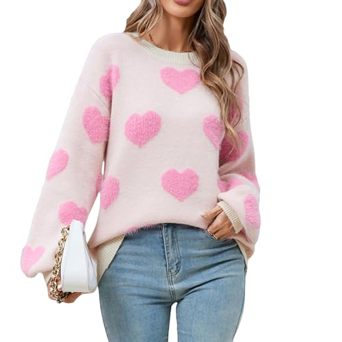 VFURYGD Women Heart Sweater Valentines Cute Crewneck Long Sleeve Oversized