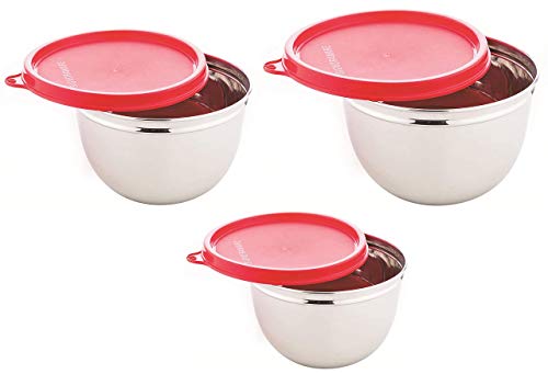 Signoraware Mixing Stainless Steel Bowl (500 Ml/1000 Ml/1350 Ml, Set of 3, Red)