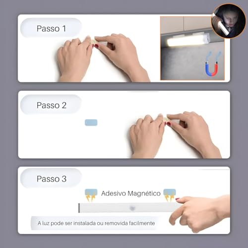 Luminária Led Sensor Presença Luz Armário Recarregável 20cm