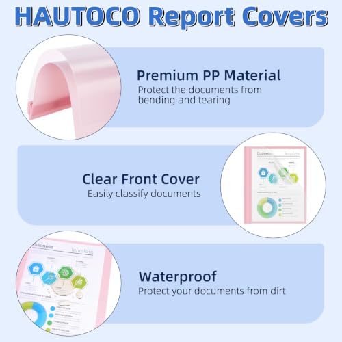 Image of HAUTOCO 5 Pack Report Covers with 3 Prongs, Heavy Duty Clear Front Plastic Presentation Folders, Letter Size 8.5x11 Document Covers for School Office Business, Assorted 5 Colors