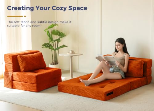 Image of MAXYOYO Convertible Sofa Bed, Fold Out Sofa Couch with Pillow for Adults | Loveseat Sofa 4 in 1 Tufted Folding Couch Bed Foam Floor Couch, Lazy Chair for Living Room Bedroom Guest Room, Orange