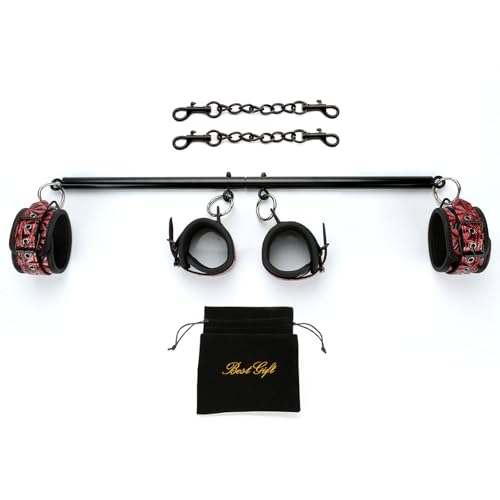 Pilates Black Spreader Bar, Exercise Bar with 4 PCS Red Fur Adjustable Strap Set, Yoga Training Fitness Gear, Sports Gym Kit, Workout Bar, Stainless Steel Spreader Bar Bonage for Home