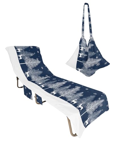 Blue Christmas Tree Beach Lounge Chair Towel Cover, Soft Chaise Lounge Towel with Side Pockets Patio Pool Chairs Cover for Beach/Pool Sunbathing 29x85 Xmas Elk Winter Snowflake