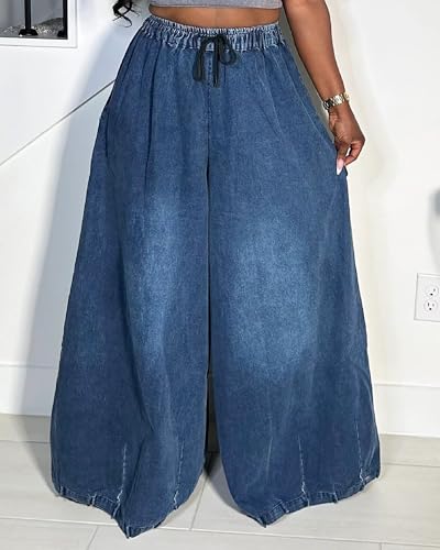 Women's Drawstring Wide Leg Jeans Elastic Waisted Loose Fit Patchwork Denim Pants3