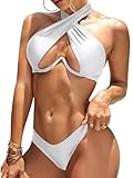 Lilosy Sexy Cute Underwire Push Up Cutout Halter Criss Cross High Cut Leg Thong Brazilian Bikini Swimsuit Set Women Cheeky Bottom Bathing Suit 2 Two Piece White Medium